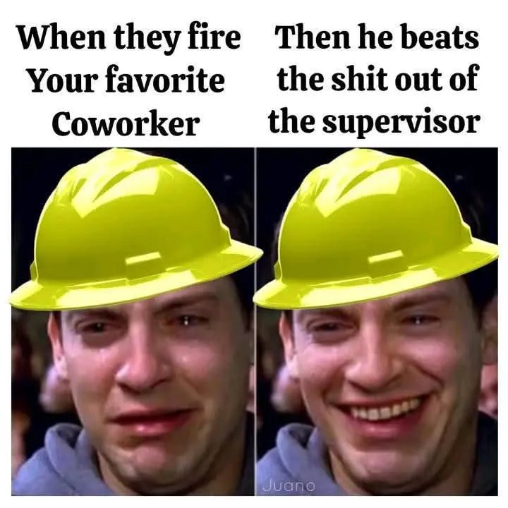 The image is split into two panels showing the same man wearing a yellow hard hat. In the left panel, he has a sad, tearful…