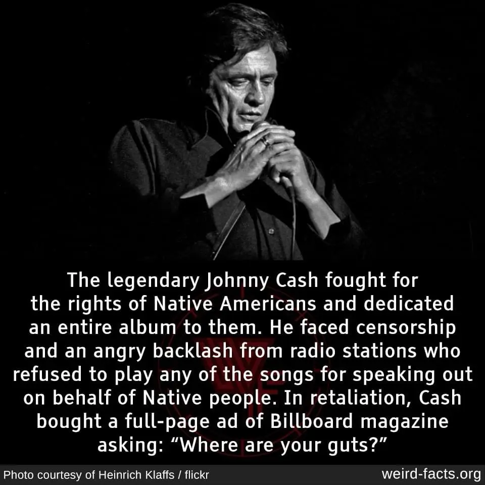 A black-and-white photo of Johnny Cash holding a microphone, overlaid with white text detailing his activism for Native…