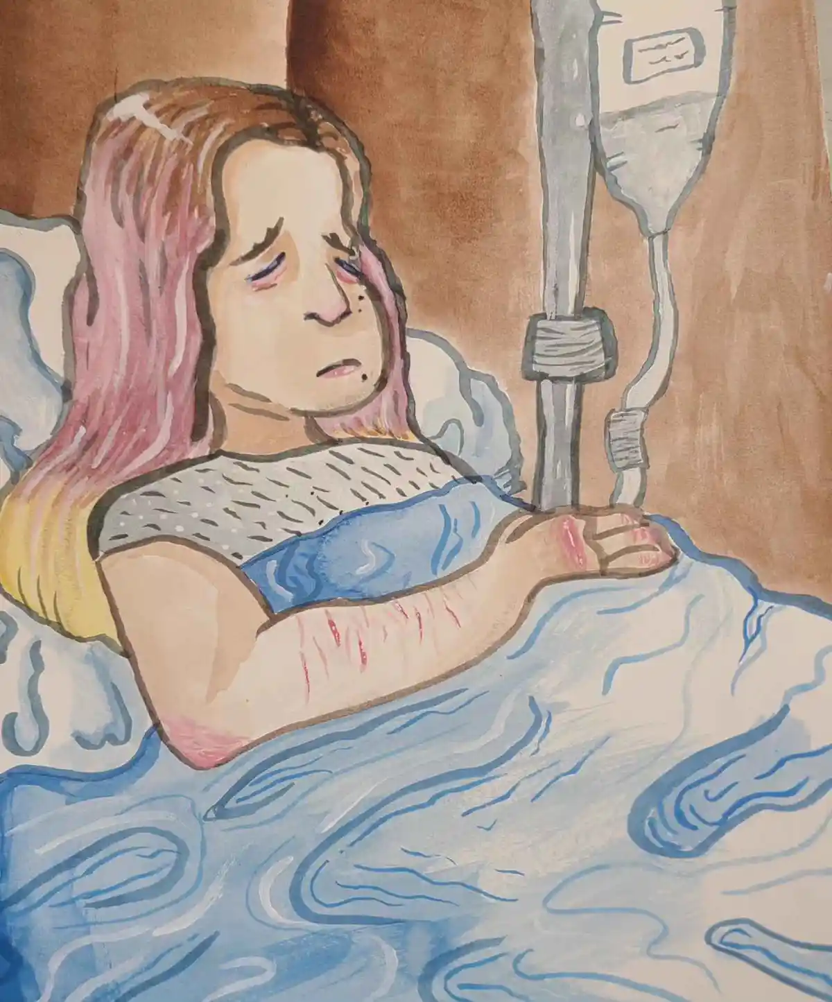 A watercolor drawing shows a person with long hair lying in a hospital bed, looking sad and tearful, with an IV drip beside…