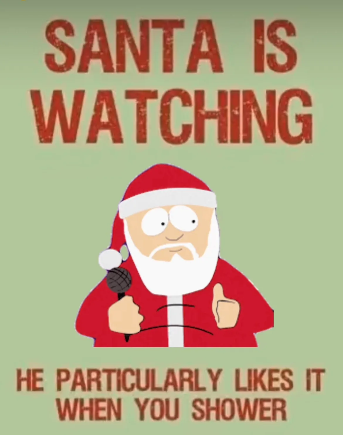 A cartoon Santa Claus with a red suit and white beard holds a microphone in one hand and gives a thumbs-up with the other…