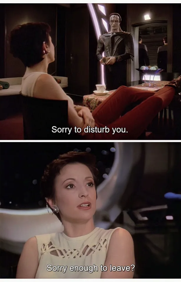 The top panel shows a woman in a white dress sitting in a red chair, looking up at a tall, pale, humanoid figure in a dark…
