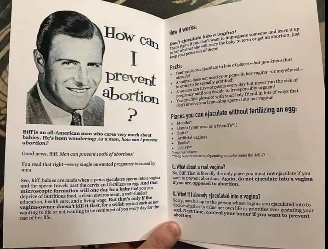 A printed pamphlet titled 'How can I prevent abortion?' features a smiling man named Biff. The text explains that men can…