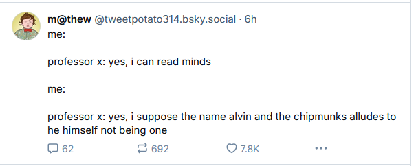 A screenshot of a social media post showing a user's tweet where they joke about Professor X's ability to read minds. The…