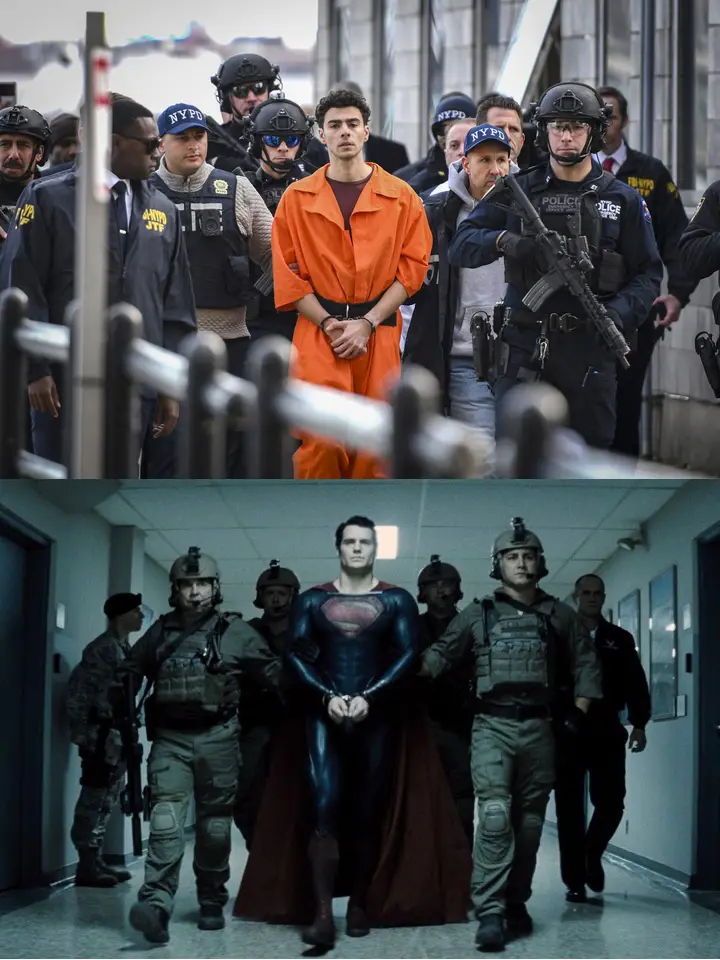 The image is a two-panel meme. The top panel shows a man in an orange prison jumpsuit being escorted by armed NYPD officers…