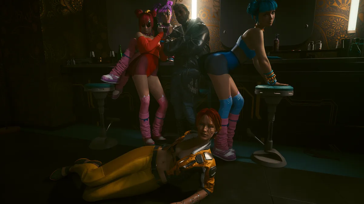 A group of stylized, colorful characters in a dimly lit, futuristic bar setting. One woman in a yellow outfit lies on the…