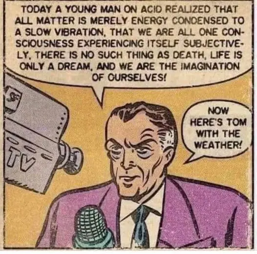 A vintage comic book panel shows a weatherman in a purple suit and tie standing before a microphone and a TV camera. He has…