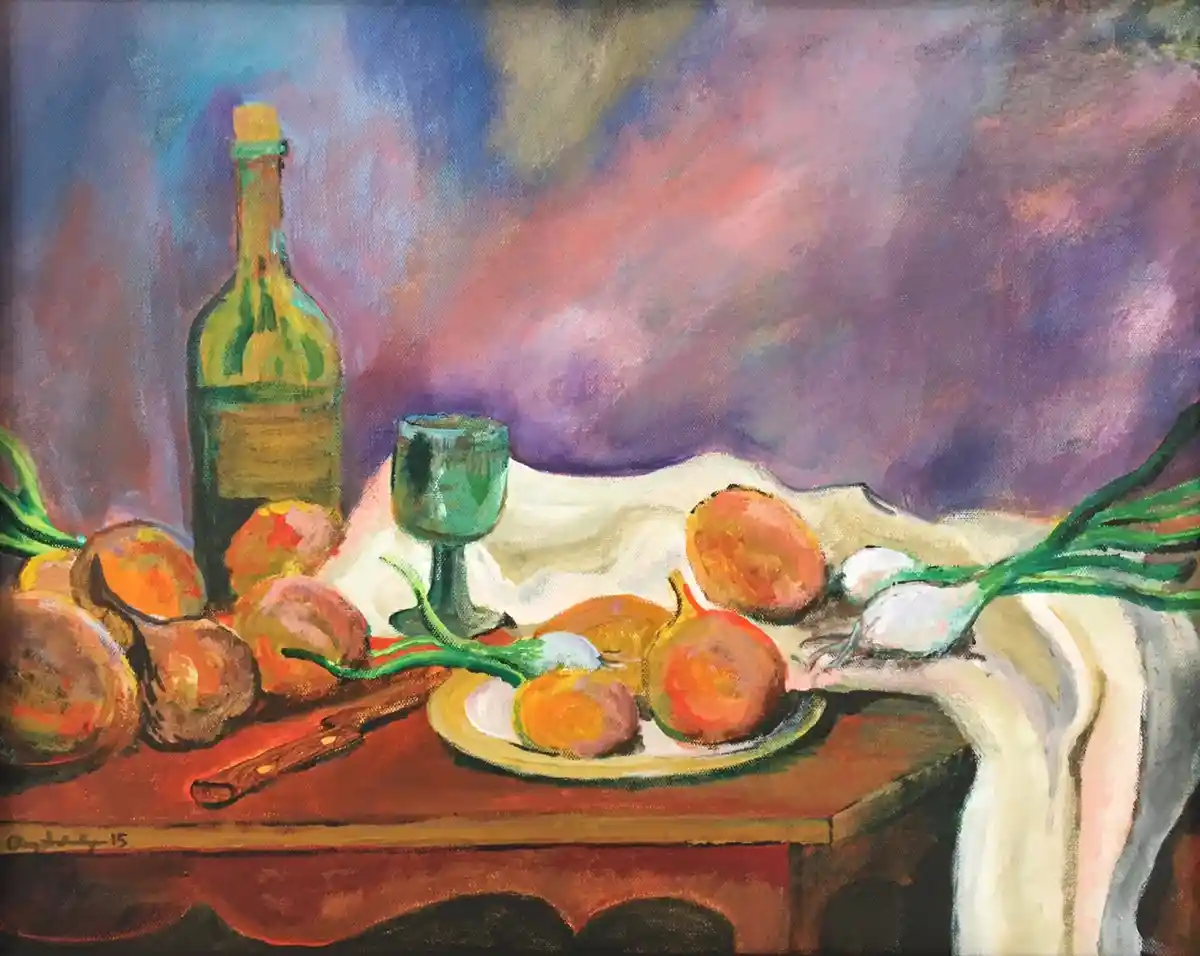 A colorful still life painting depicts a wooden table with a green wine bottle, a green goblet, a plate of onions, a knife…