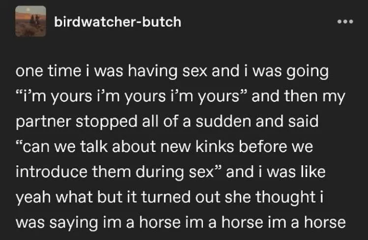 A screenshot of a social media post with white text on a dark background. The text is a humorous anecdote about a person…