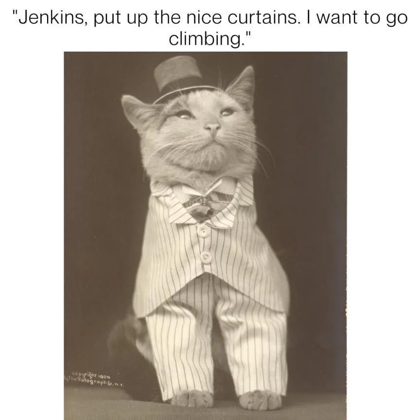 A vintage sepia-toned photograph shows a cat dressed in a pinstripe suit, bow tie, and top hat, sitting upright and looking…