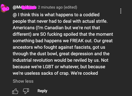 A screenshot of a social media post showing a user's comment about Americans being overly spoiled and reactive to hardship…