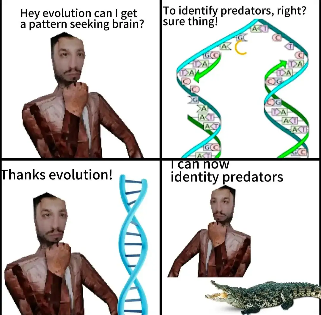 A four-panel meme featuring a man with a patterned, textured face and torso asking evolution for a pattern-seeking brain to…