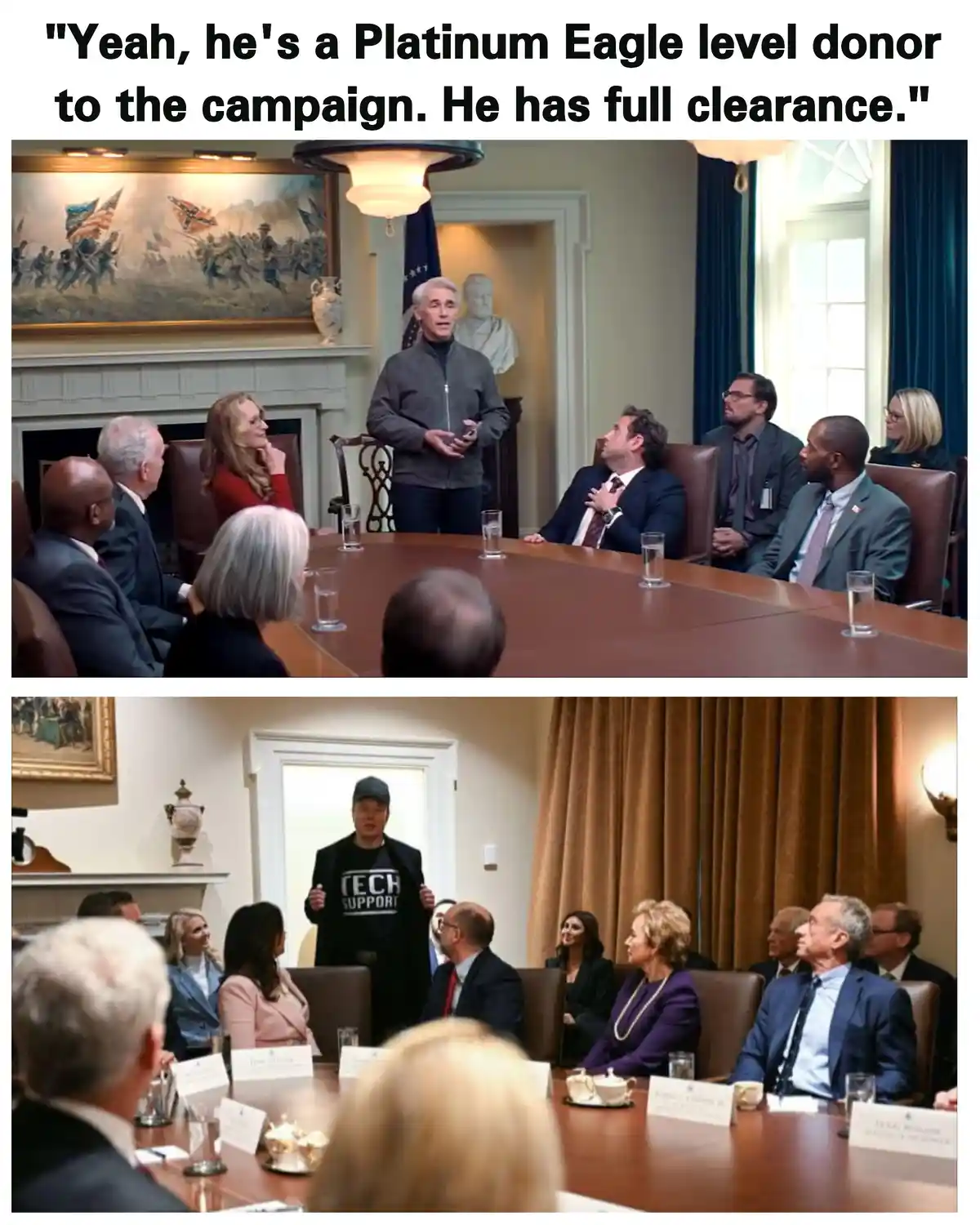The meme features two images of a formal meeting in an Oval Office-style room. The top image shows a man in a grey jacket…