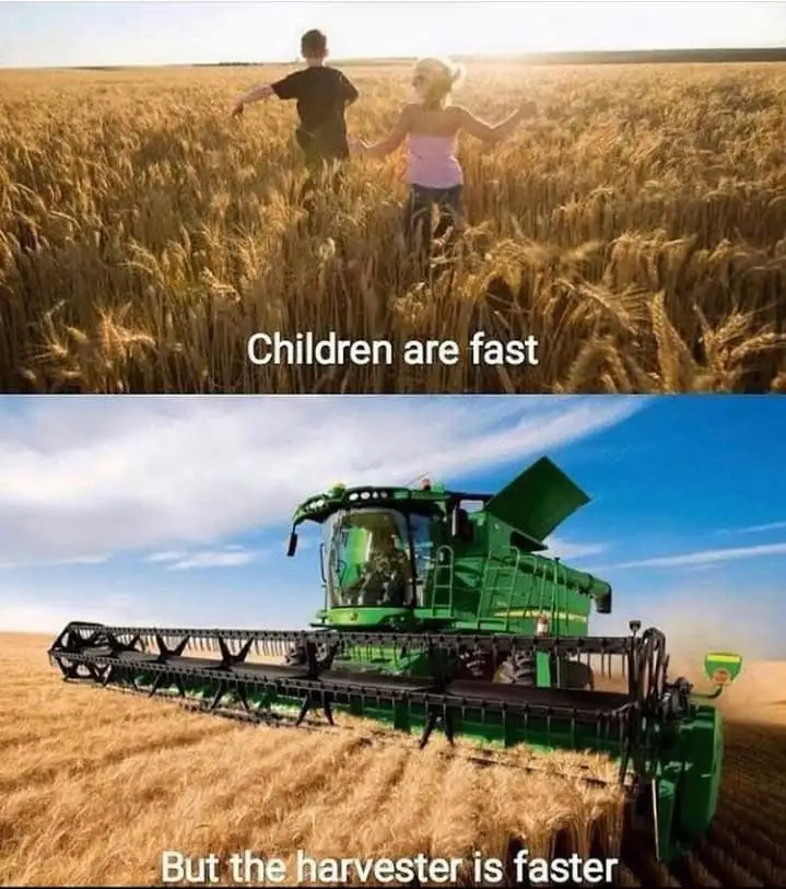 The top panel shows two children running through a golden wheat field with the text 'Children are fast'. The bottom panel…