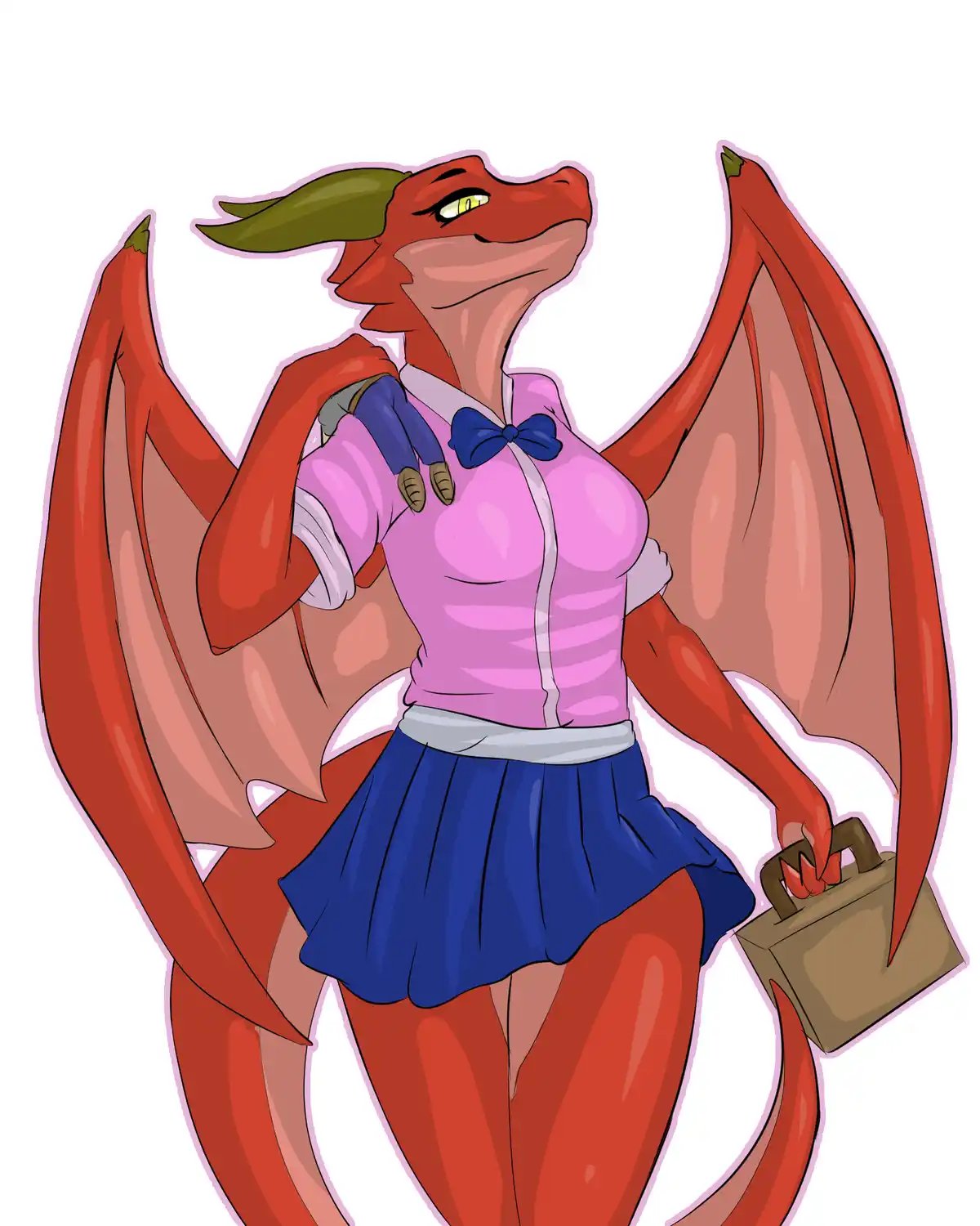 A red dragon with green horns and large wings is depicted in a human-like pose, wearing a pink blouse with a blue bow, a…