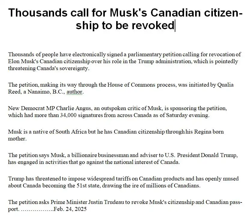 A screenshot of a news article with the headline 'Thousands call for Musk's Canadian citizenship to be revoked'. The article…