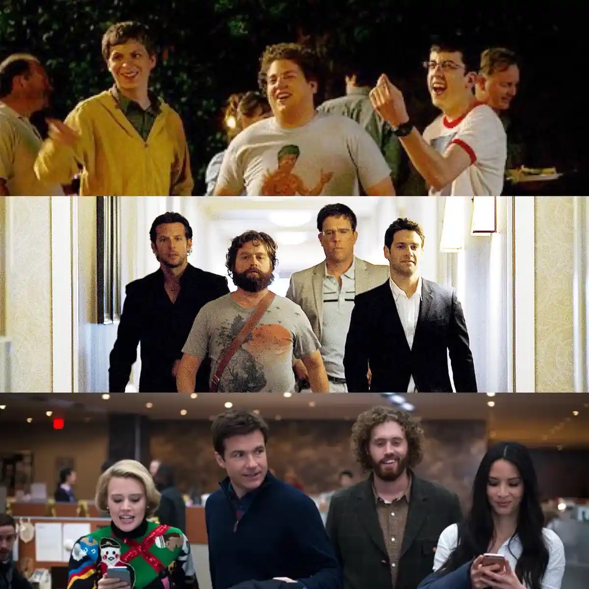 This image is a three-panel meme. The top panel shows four men from 'The Big Bang Theory' laughing and celebrating. The…