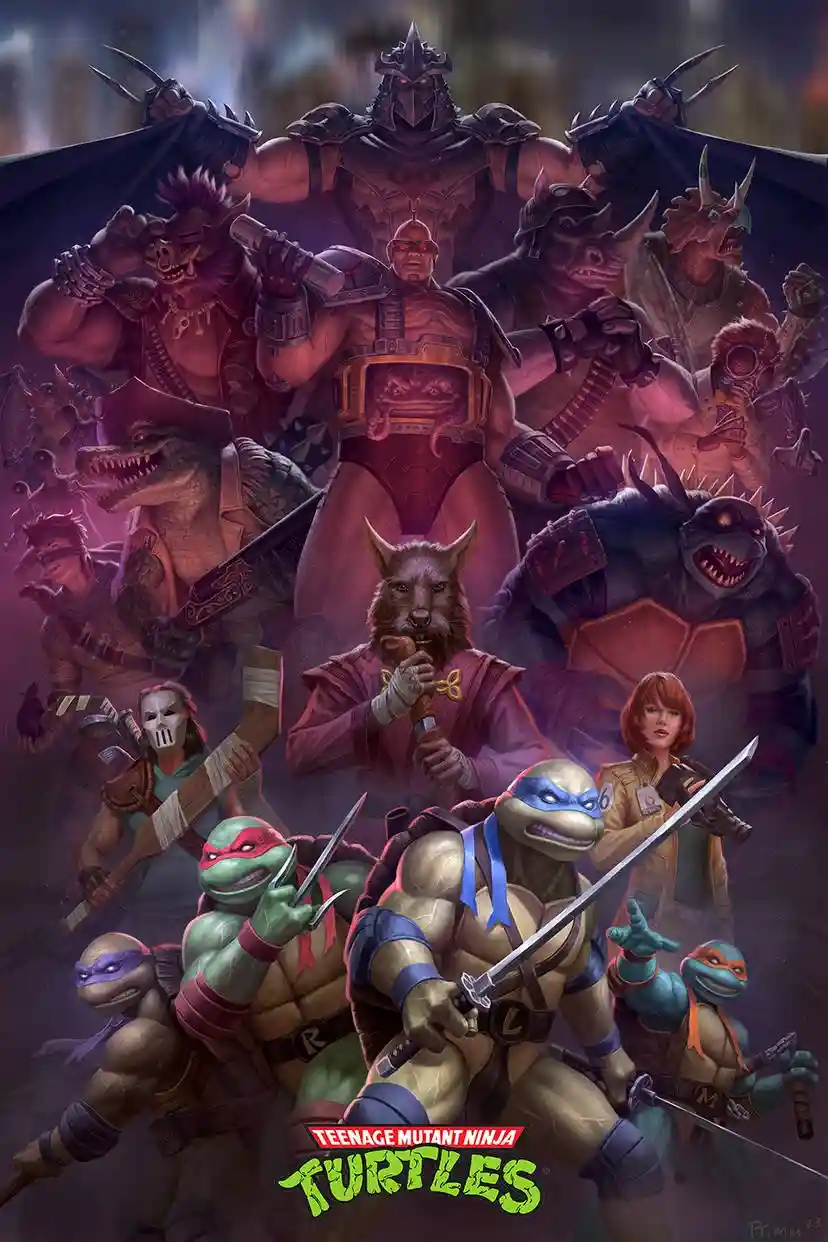 A dramatic, darkly lit illustration features the Teenage Mutant Ninja Turtles in the foreground wielding swords and…