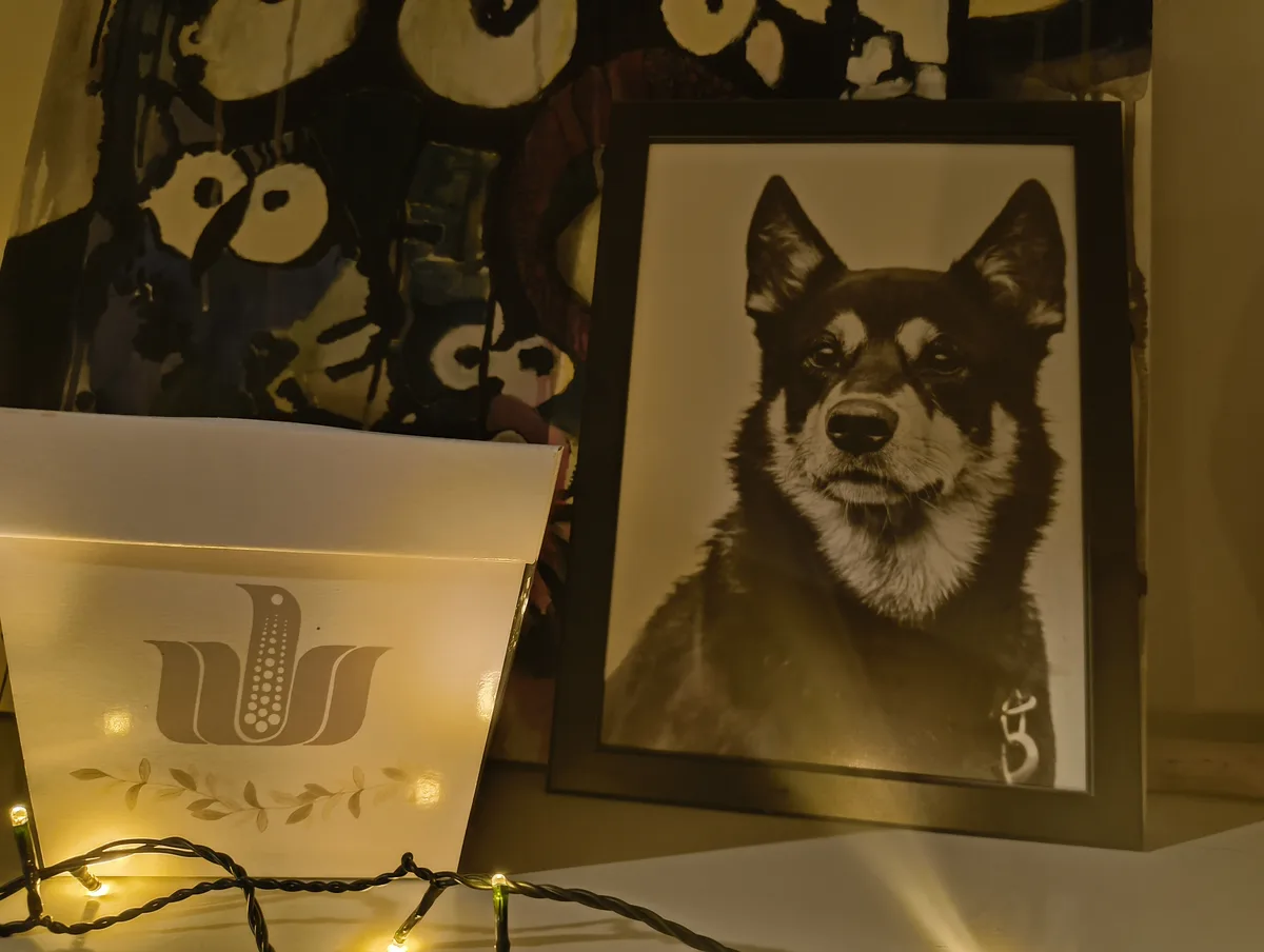 A framed black-and-white portrait of a dog with pointed ears and a white chest is displayed on a shelf next to a lit…