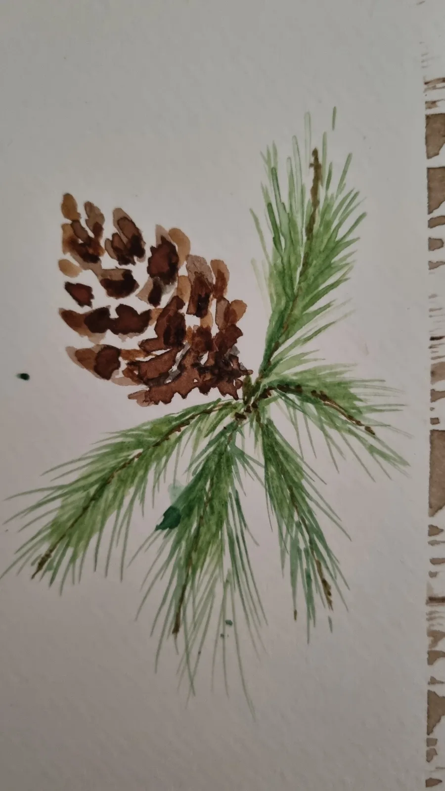 A watercolor painting shows a brown pinecone and green pine needles on a white background, with no text overlaid. The image…