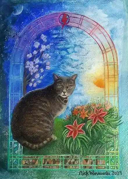 A painting of a gray tabby cat sitting calmly in front of a colorful arched window, with a red lightning bolt symbol…