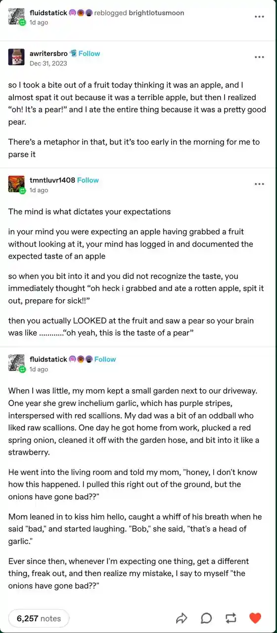 The image displays a screenshot of a social media post with a text-based story about mistaking a pear for an apple and then…