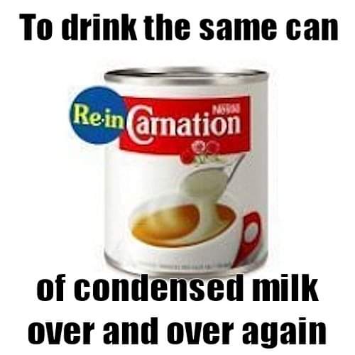 A can of Carnation condensed milk is shown with a blue circular sticker that reads 'Rein' over the brand name. The text…
