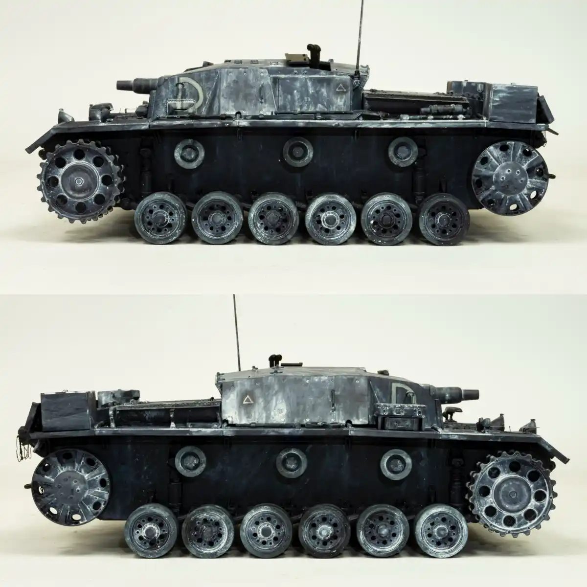 The image displays a detailed scale model of a black military tank, shown in two identical side-profile views stacked…