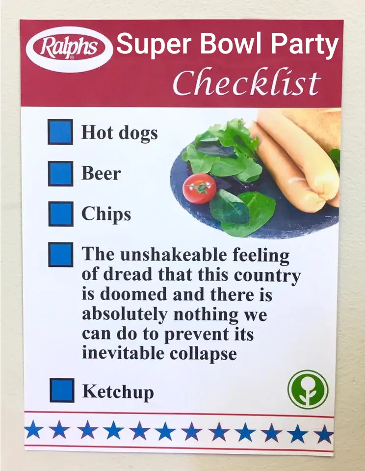A printed Ralphs Super Bowl Party Checklist with checkboxes next to items like hot dogs, beer, chips, and ketchup. The…