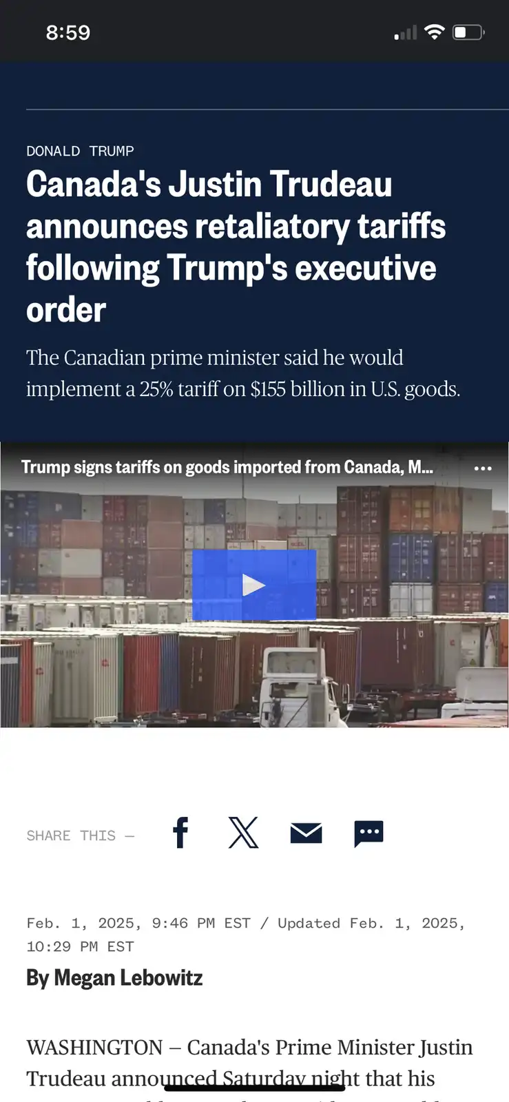 A screenshot of a news article on a mobile phone shows a headline attributing retaliatory tariffs to Canada's Justin Trudeau…