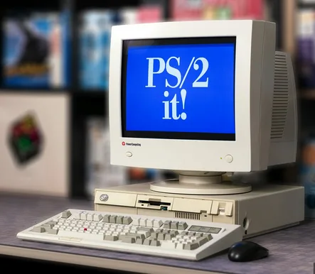 A beige PS/2-era computer setup with a CRT monitor, keyboard, and mouse sits on a desk. The monitor displays the text 'PS/2…
