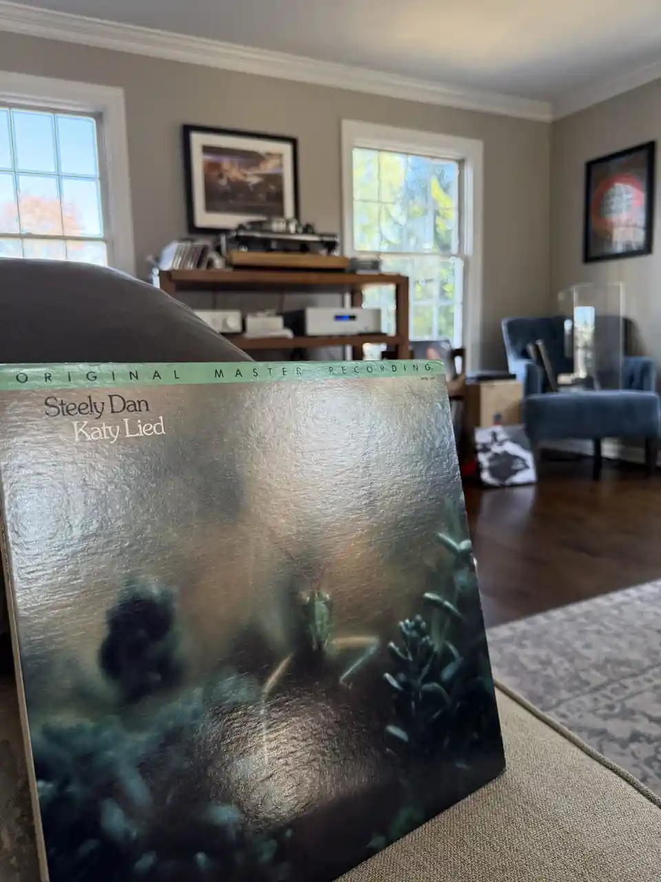 A close-up photo shows a vinyl record album cover for Steely Dan's 'Katy Lied' standing upright on a couch in a living room…