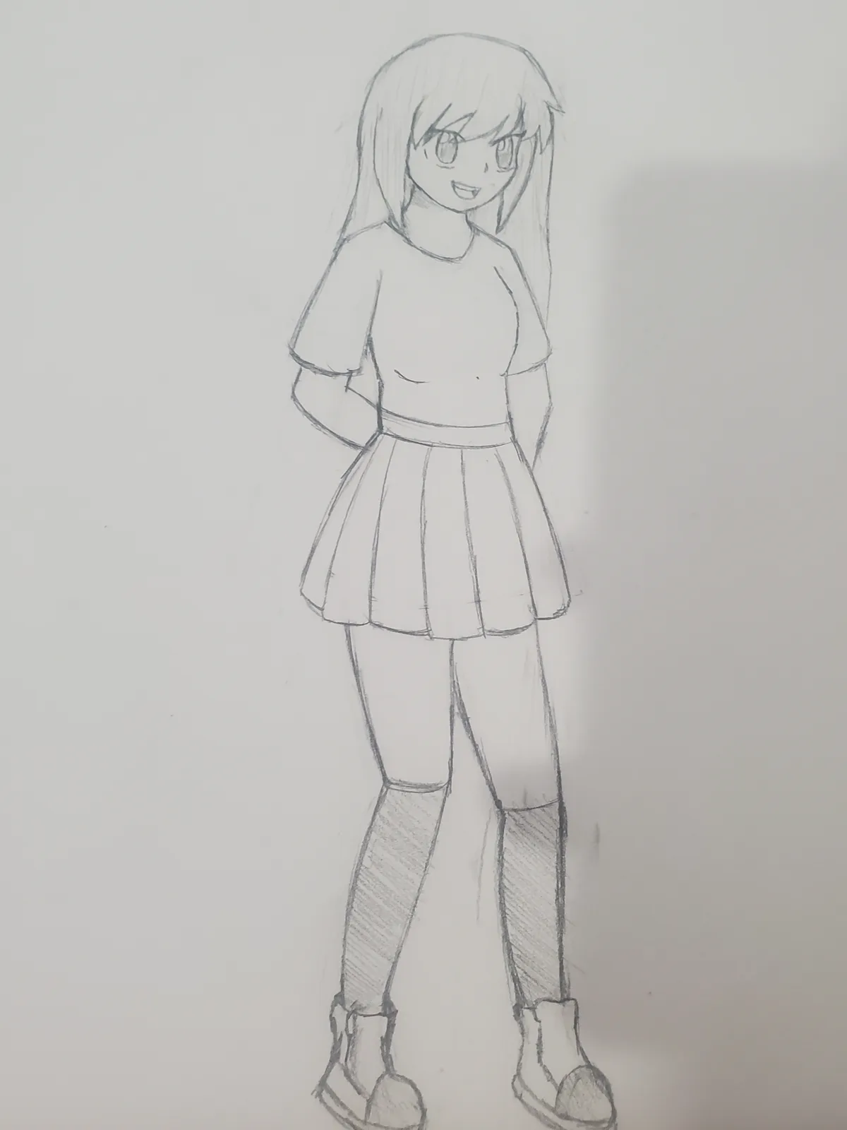 A simple pencil sketch of an anime-style girl with long hair, wearing a short-sleeved top, pleated skirt, leggings, and…