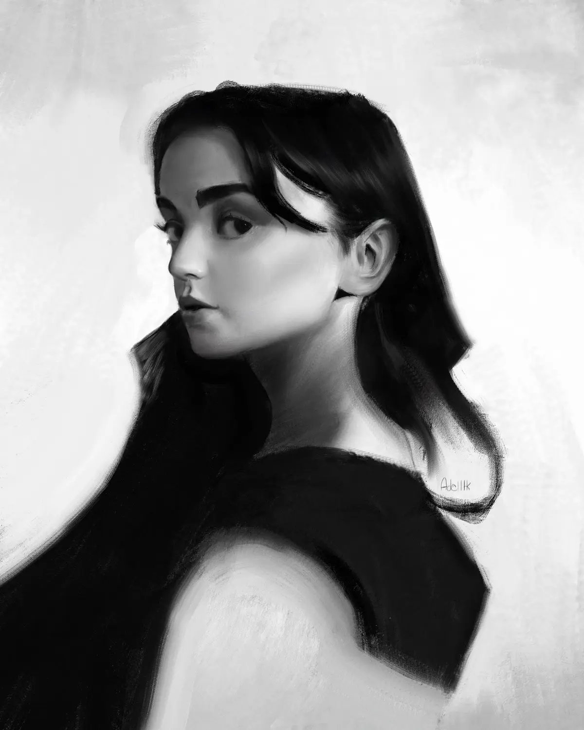 A black-and-white digital portrait of a woman with dark hair looking over her shoulder with a skeptical expression. She…