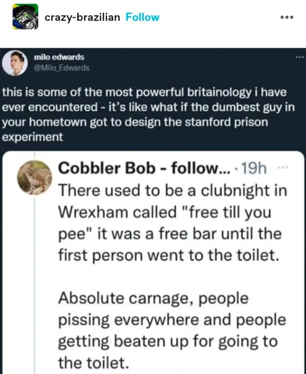 The image shows a screenshot of two Twitter posts. The top post by 'milo edwards' comments on the absurdity of a clubnight…