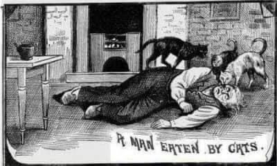 A vintage black-and-white illustration shows a man lying dead on the floor with multiple cats surrounding him; one cat is…