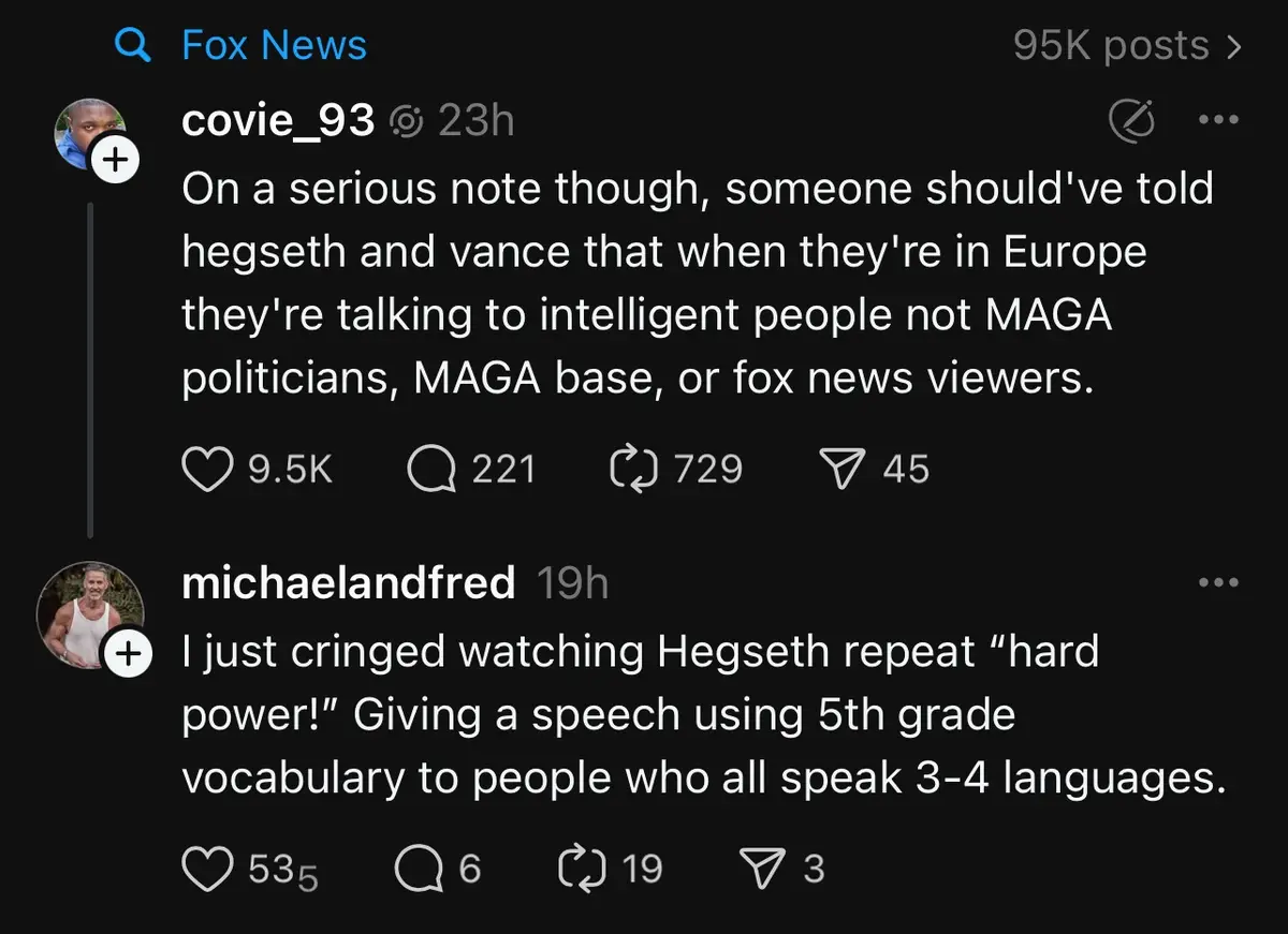 A screenshot of two Reddit comments under a Fox News post. The first comment by 'covie_93' criticizes Hegseth and Vance for…