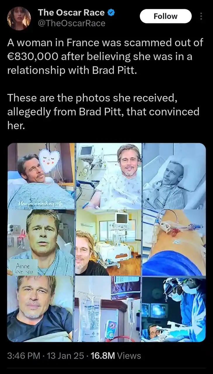 A Twitter post from 'The Oscar Race' shows a collage of nine photos of Brad Pitt in various hospital settings, including in…