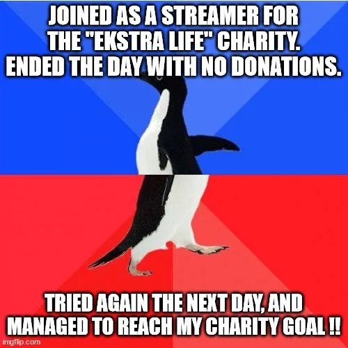 A penguin stands in a split background of blue and red, with white text overlaid in two sections. The top text reads 'JOINED…