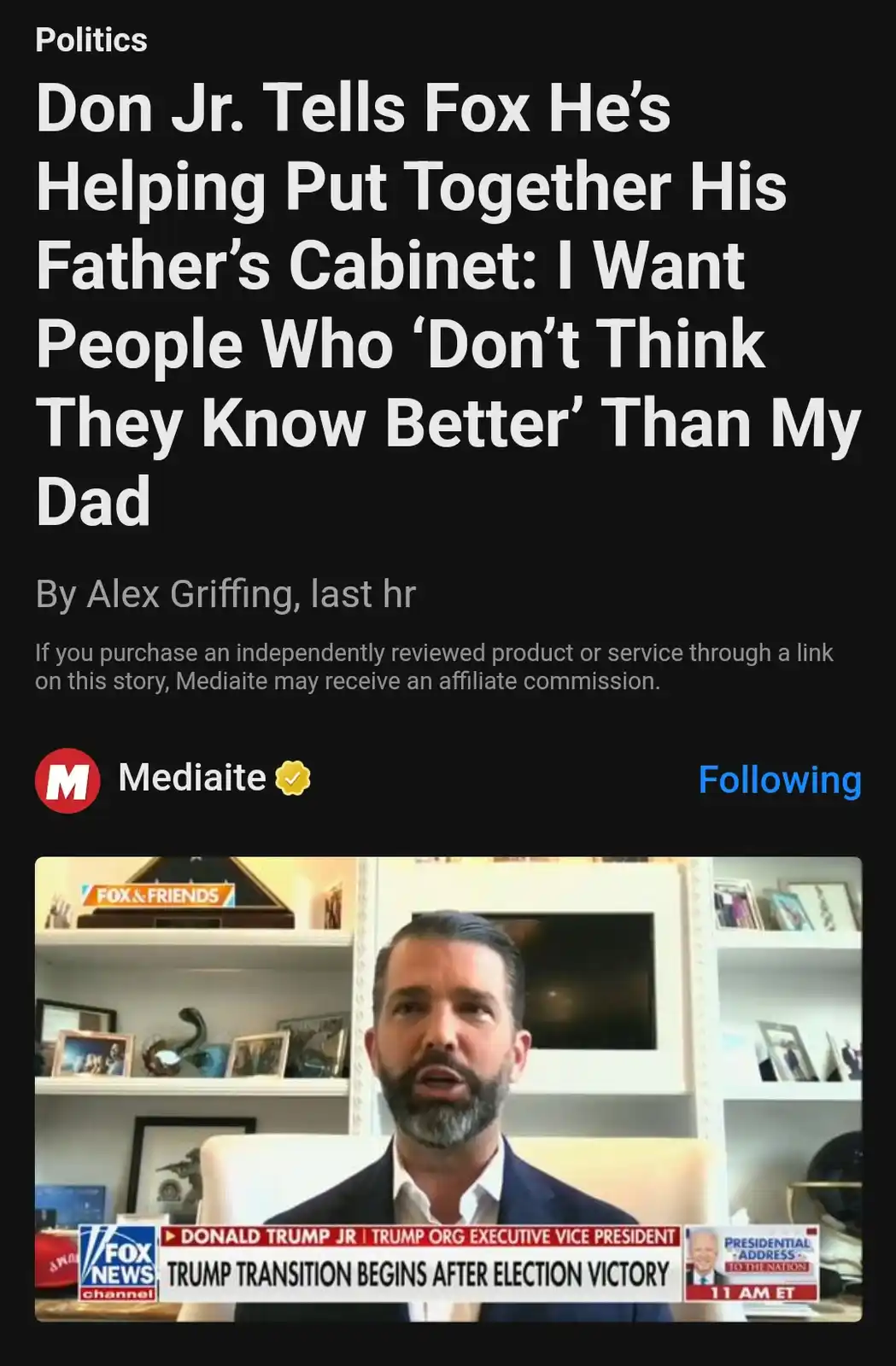 A screenshot of a Mediaite news article about Donald Trump Jr. speaking on Fox News, where he says he wants people for his…
