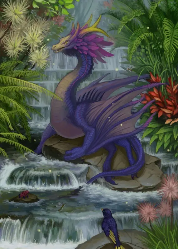 A purple dragon with yellow horns and feathered wings sits calmly on rocks beside a cascading waterfall in a lush jungle…