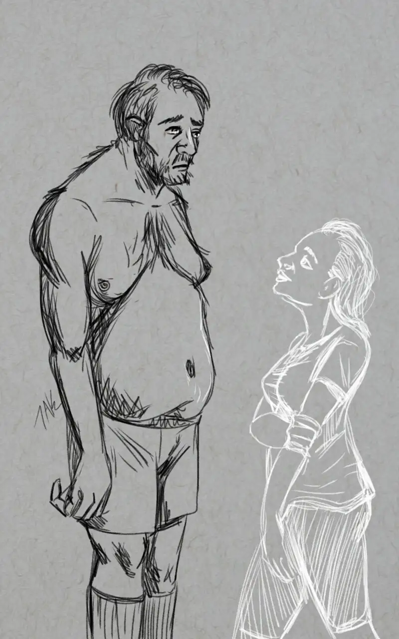A sketch shows a shirtless, overweight man with a sad expression looking down at a woman drawn in a much lighter, almost…