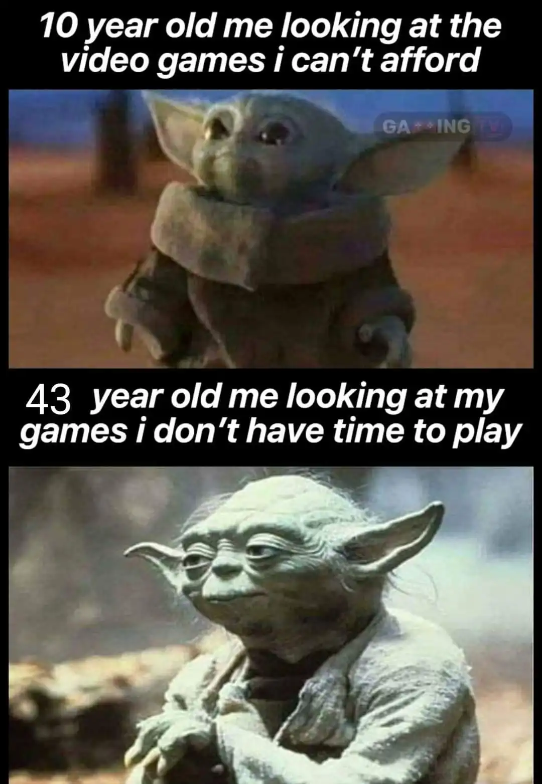 The meme features two images of Yoda: the top shows a young, wide-eyed Yoda (Baby Yoda) with text saying '10 year old me…