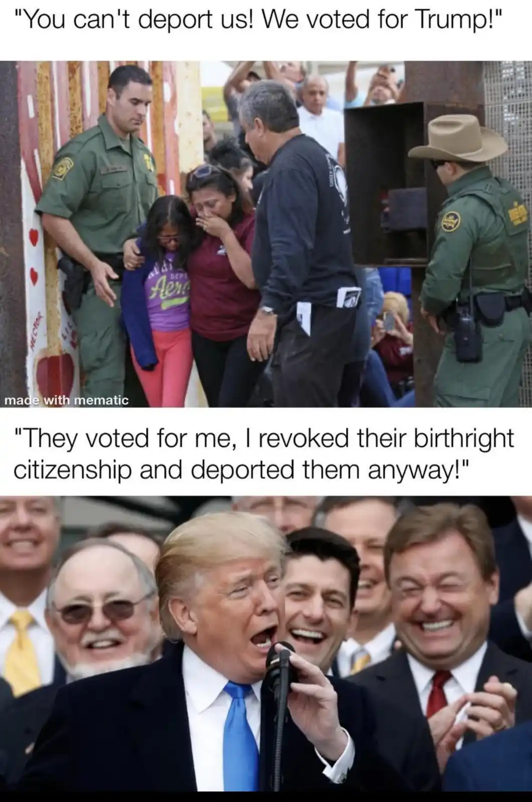 The top panel shows a family, including a crying woman and child, being escorted by border patrol agents near a border…