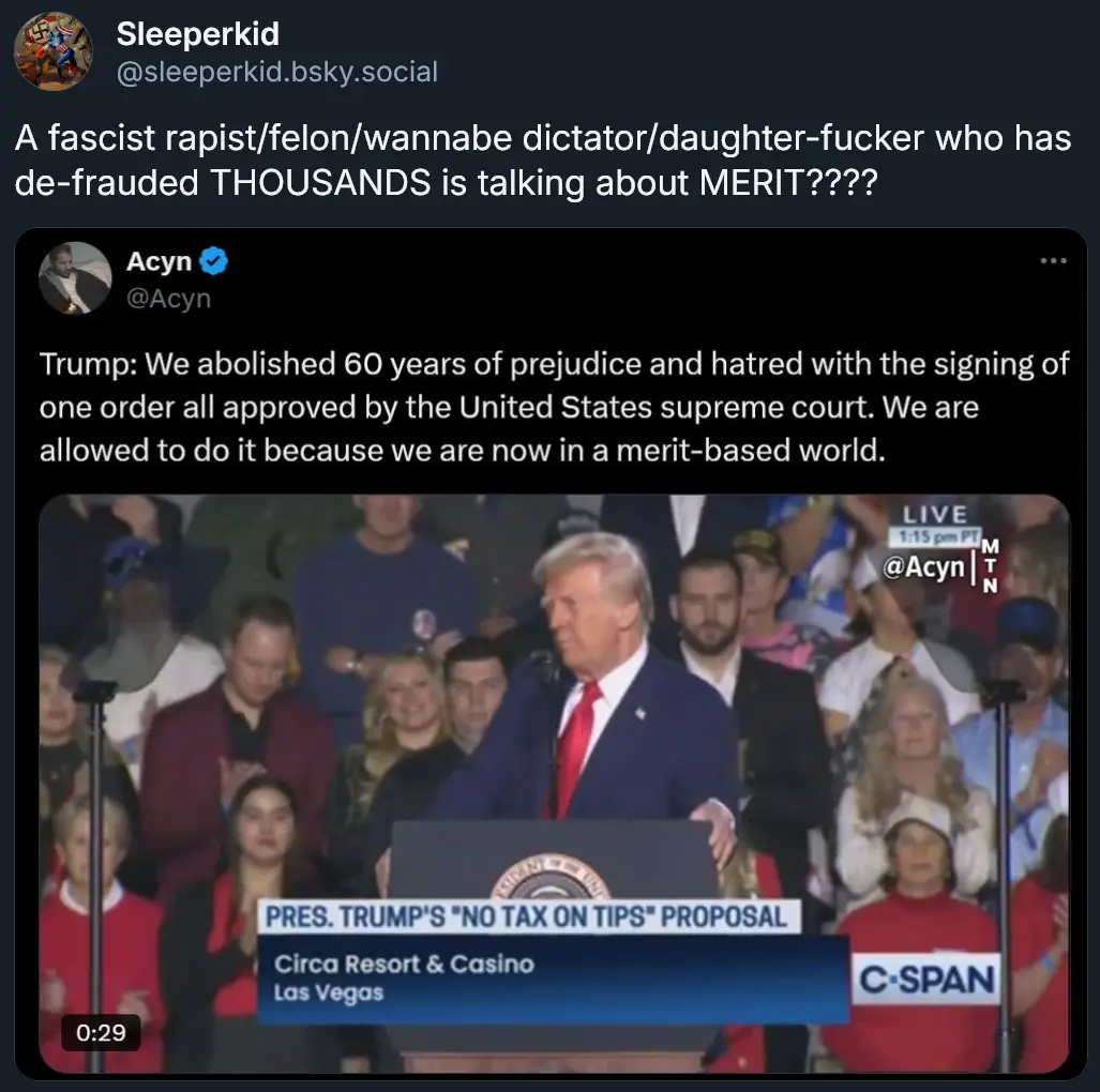 A screenshot of a tweet by Acyn showing Donald Trump speaking at a podium in Las Vegas, with a C-SPAN banner reading 'PRES…