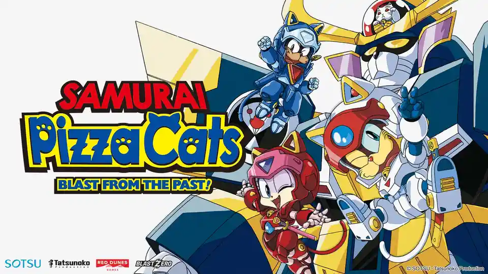 The image is promotional artwork for the anime 'Samurai Pizza Cats,' featuring four cat-like characters in colorful…