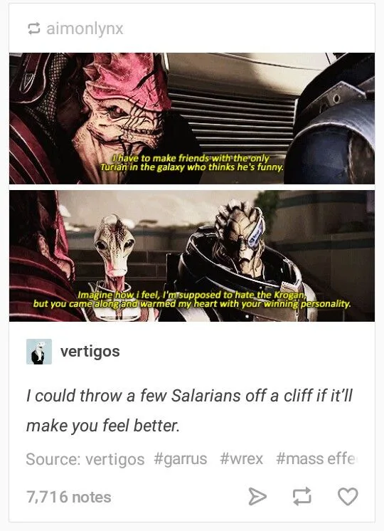 The image is a two-panel meme from Mass Effect featuring Garrus Vakarian and Wrex. In the top panel, Garrus says, 'I have to…