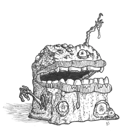 A black-and-white sketch depicts a grotesque, monstrous creature resembling a rock with a wide, toothy grin, bulging eyes…
