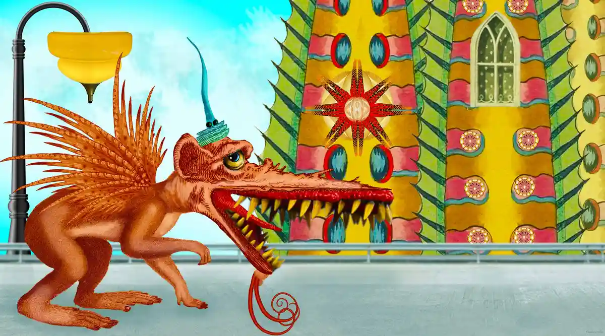 A digitally rendered, brown, quadrupedal monster with spiky back fins, a long snout, sharp teeth, and a blue feathered…