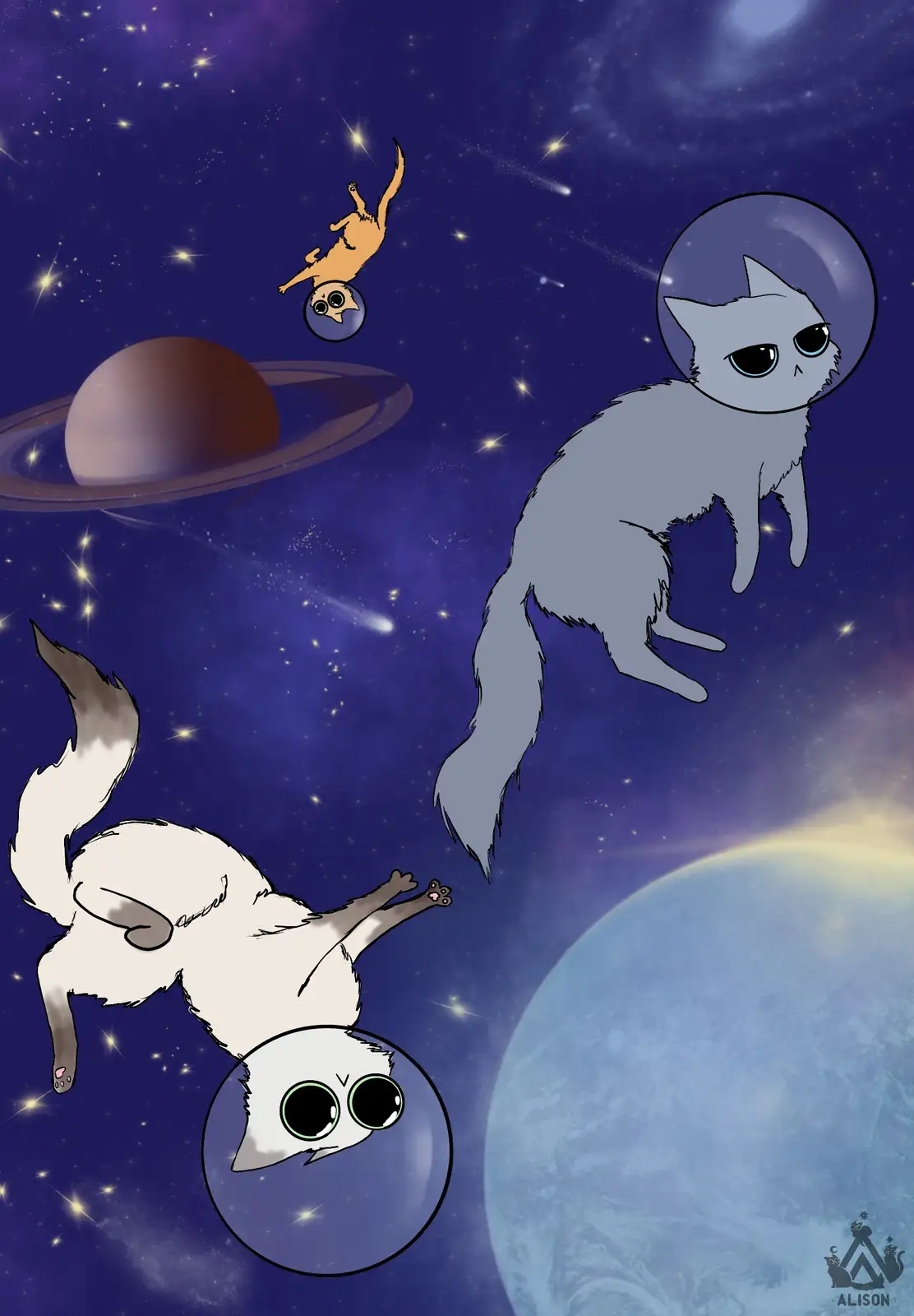 Three cartoon cats float in space among stars, planets, and comets. One grey cat wears a bubble helmet and looks bored…