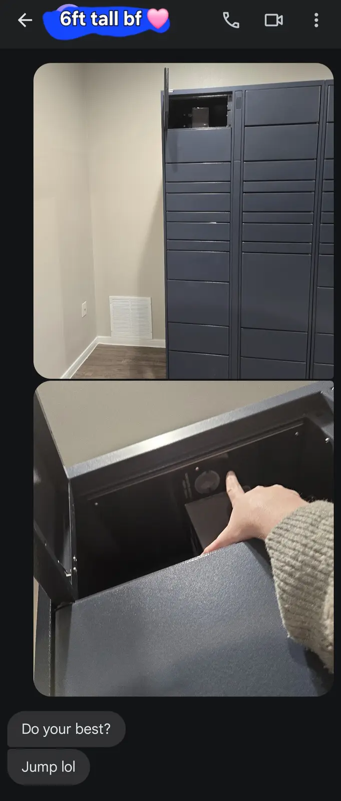 Two images show a tall gray locker with its top compartment open. The top image shows the full locker unit in a room corner…